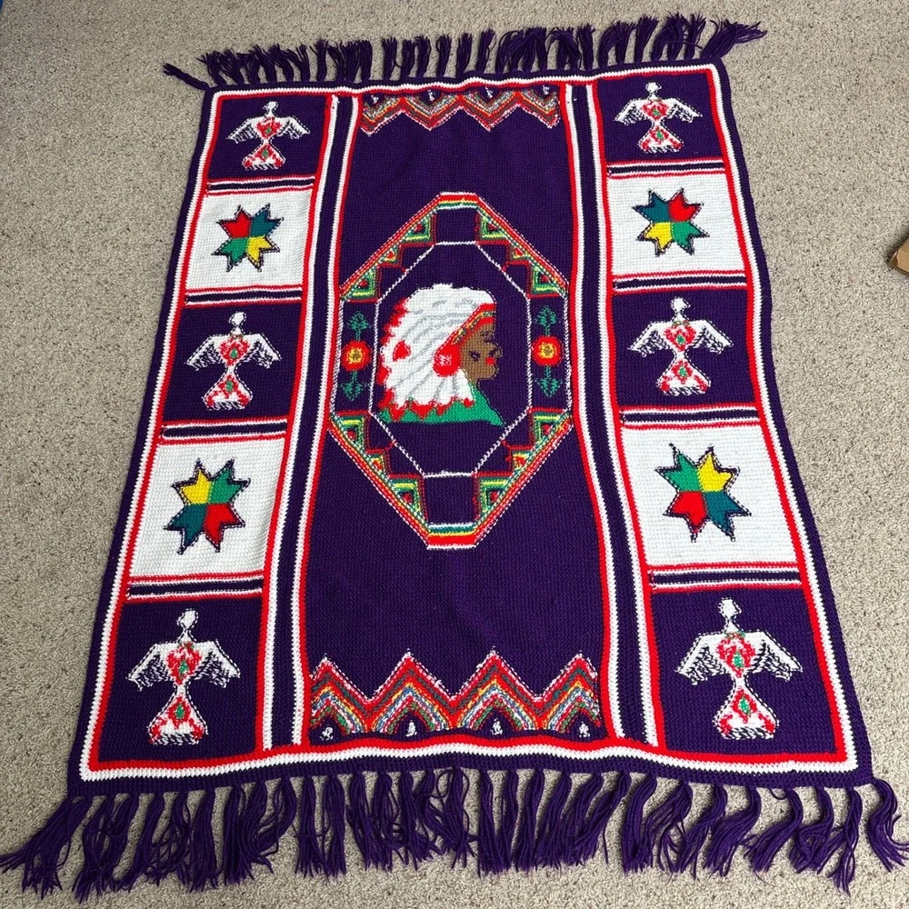 VTG Handmade Chief Crochet Afghan Throw Blanket Purple Thunderbird Star Fringe